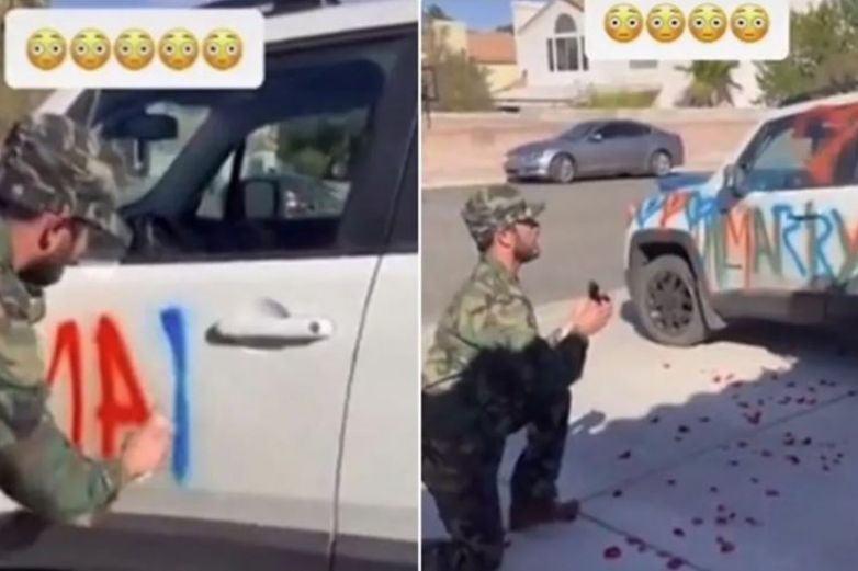 Video: Soldado pide matrimonio y lo rechazan por arruinar auto 