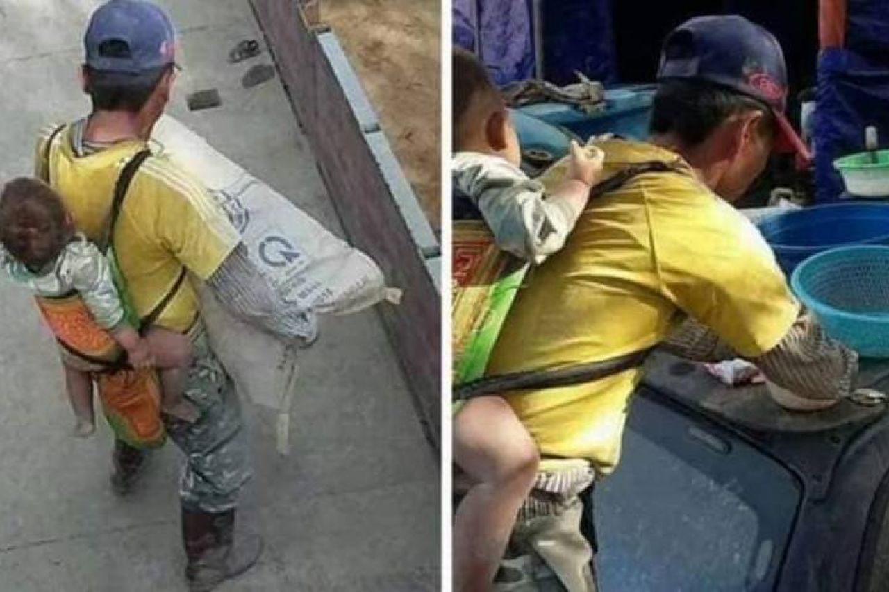 Albañil carga a su bebé mientras trabaja para no dejarlo solo