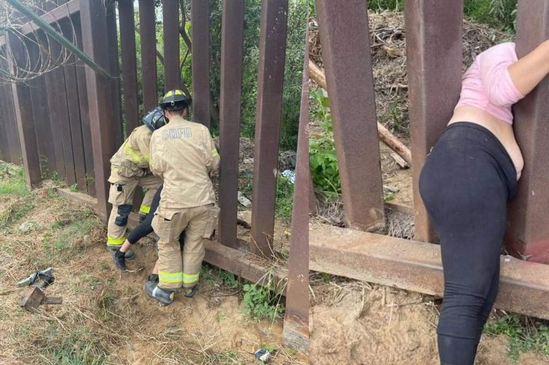 Mujer se hace viral tras quedar atorada en el muro fronterizo