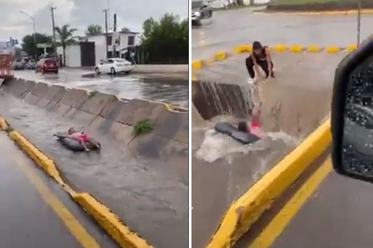 Video: Joven se desliza sobre colchón en canal de Delicias