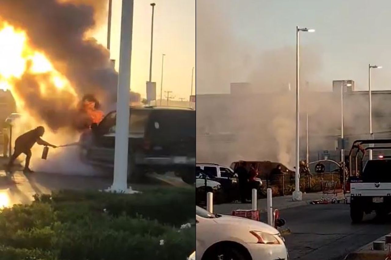 Video: Arde camioneta en estacionamiento de plaza comercial