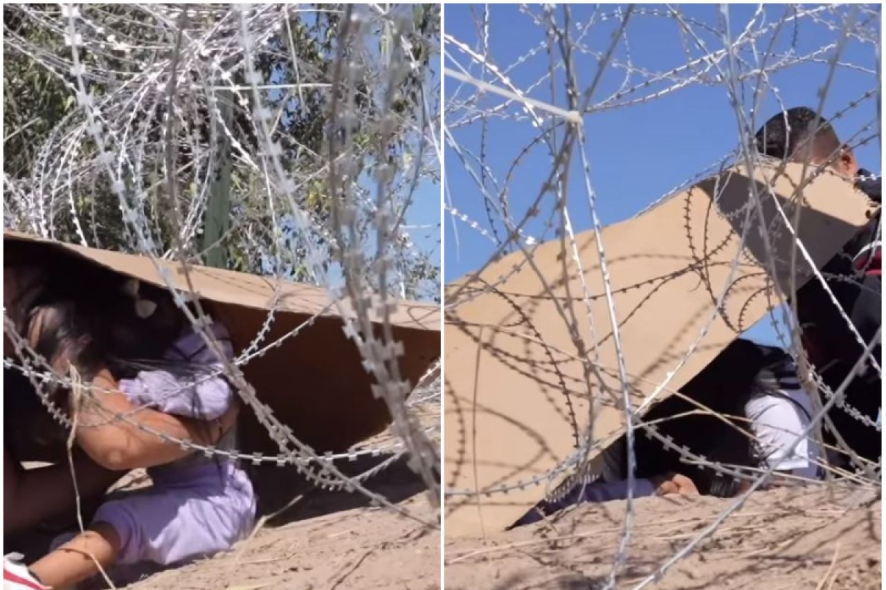 Video: Con cartones, migrantes libran el alambre de púas en la frontera