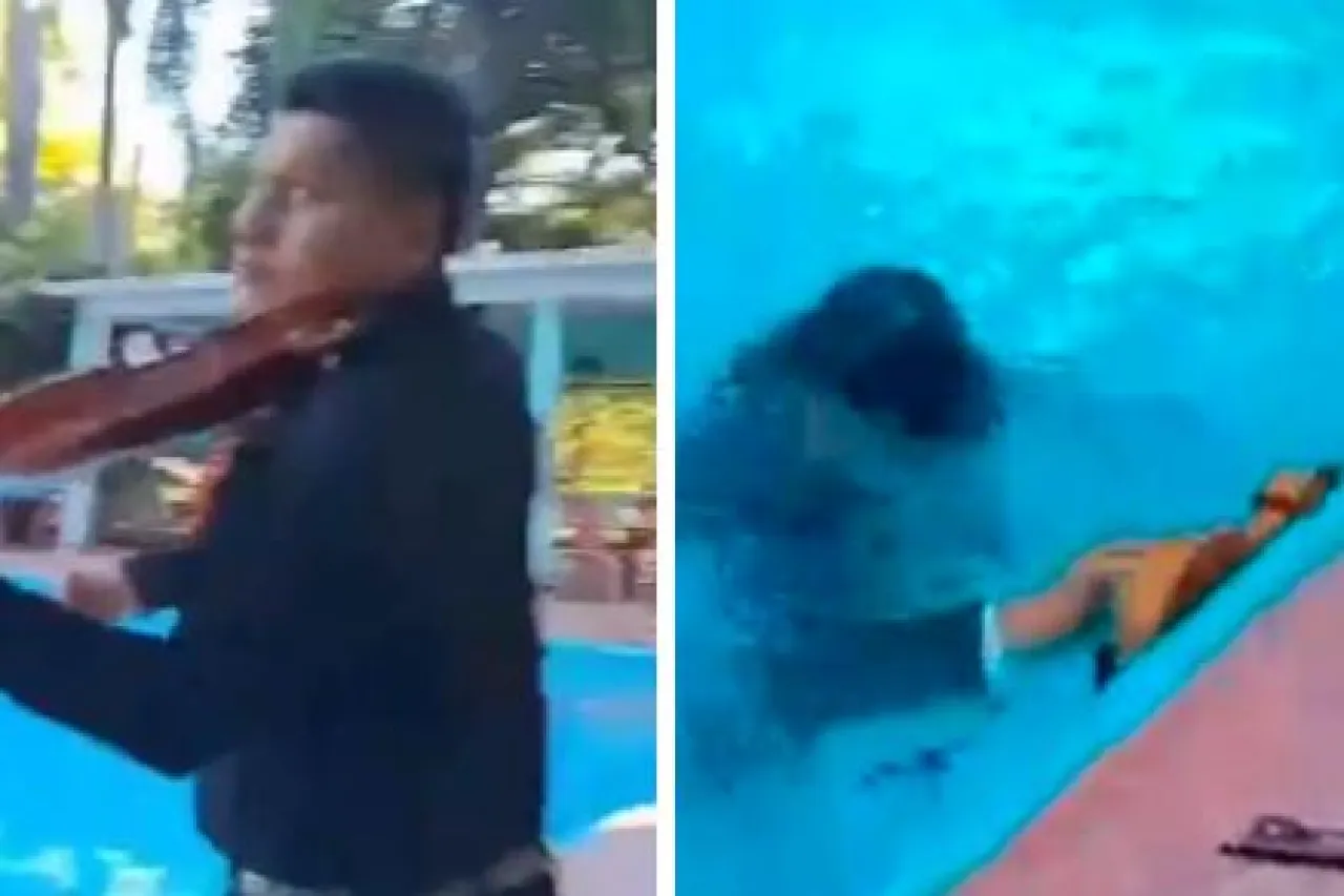 Mariachi cae a una piscina en plena serenata
