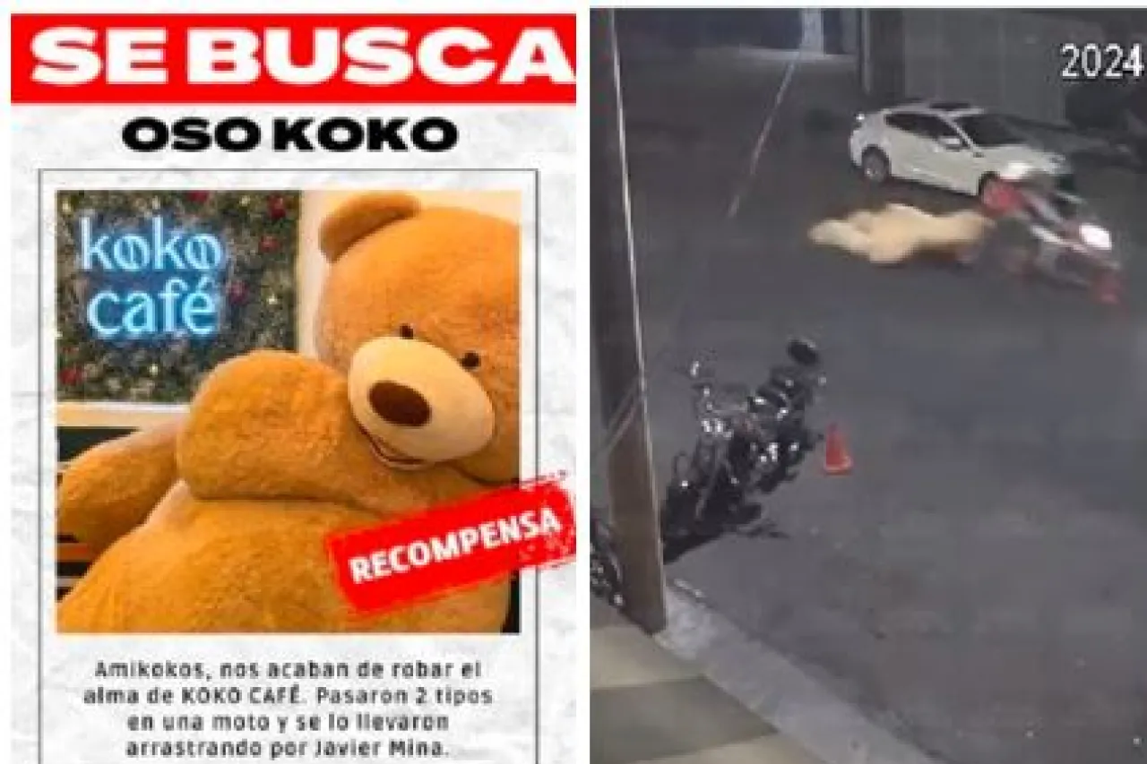 Sujetos en moto roban enorme oso de peluche de un Café