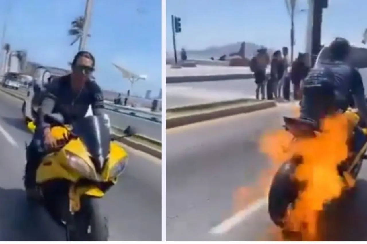 Video: Pasea en moto por Mazatlán y se incendia de repente