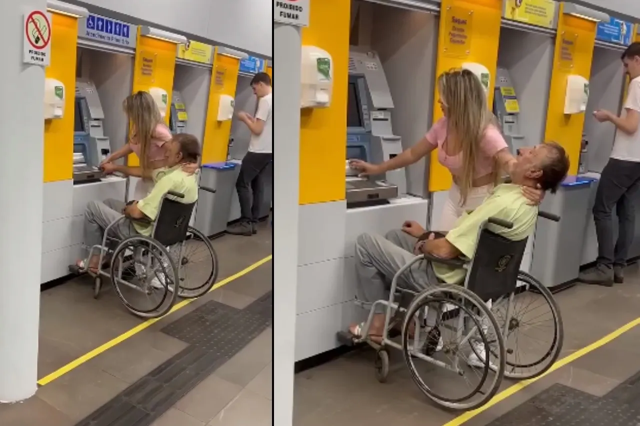 Mujer lleva a su pareja inconsciente y en silla de ruedas a cobrar al cajero