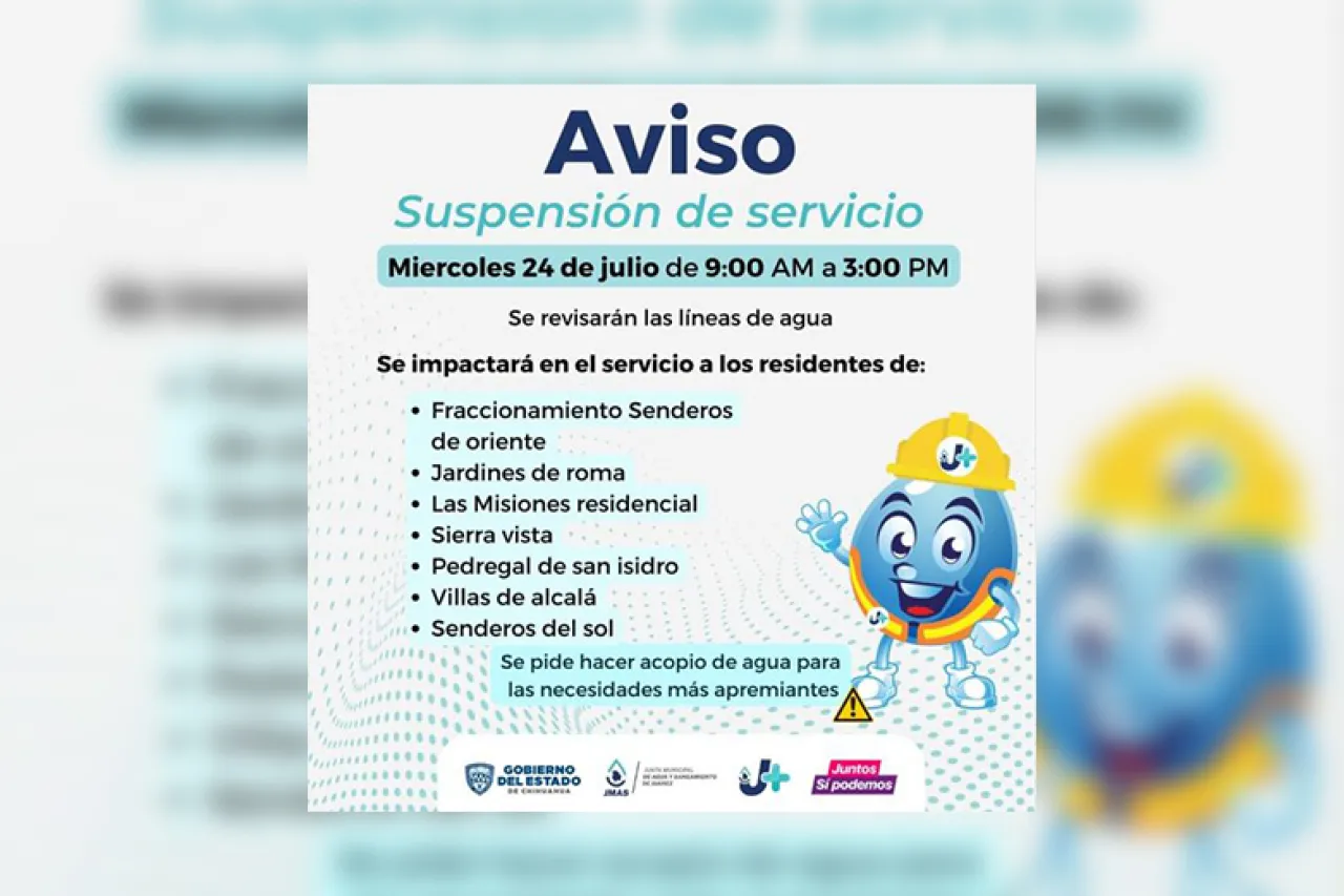 Habrá corte de agua este miércoles en siete colonias