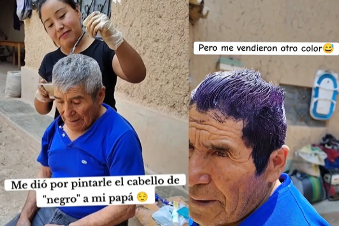 Intenta cubrir las canas de su papá con tinte negro y se equivocan de color