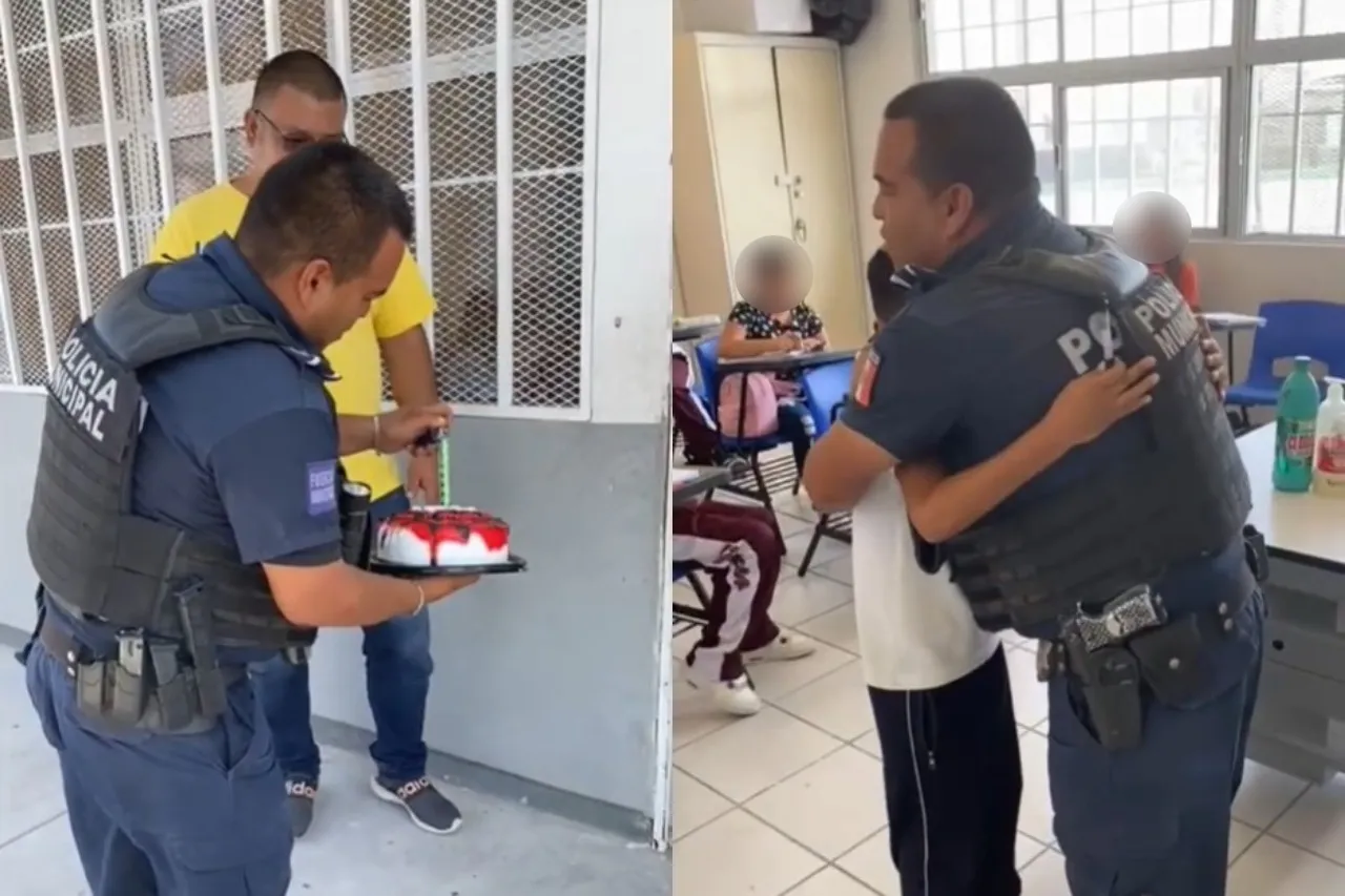 Policía juarense sorprende a su hijo al llevarle pastel a la escuela