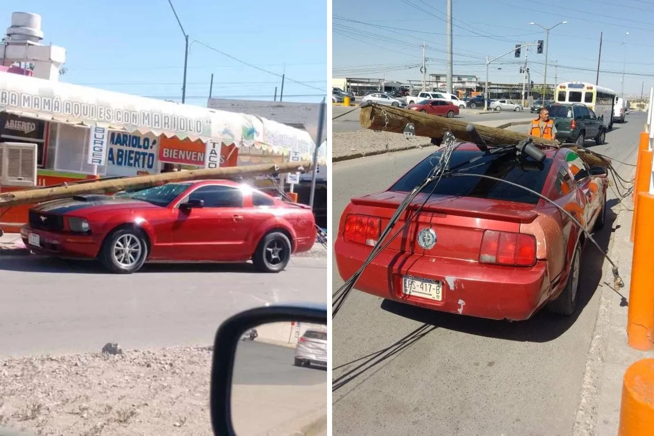 Queda Mustang aplastado por poste derribado por tráiler