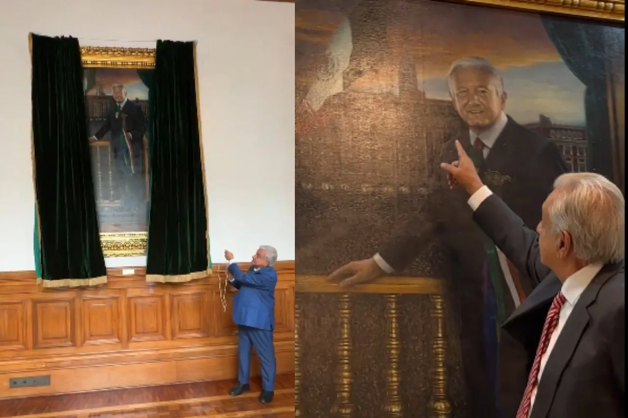 Devela AMLO su pintura al óleo y marco de oro que estará en Palacio Nacional