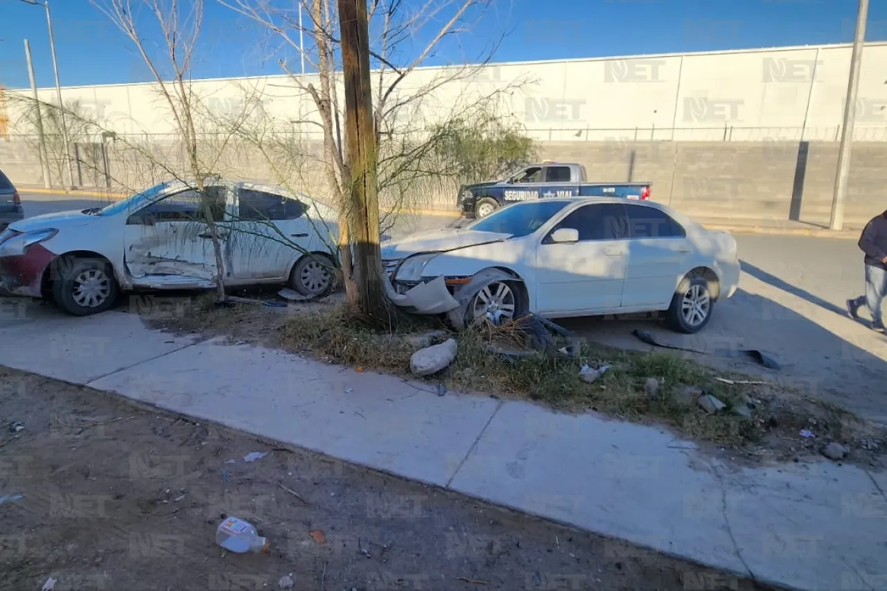 Chocan dos vehículos y tumban poste y árbol 