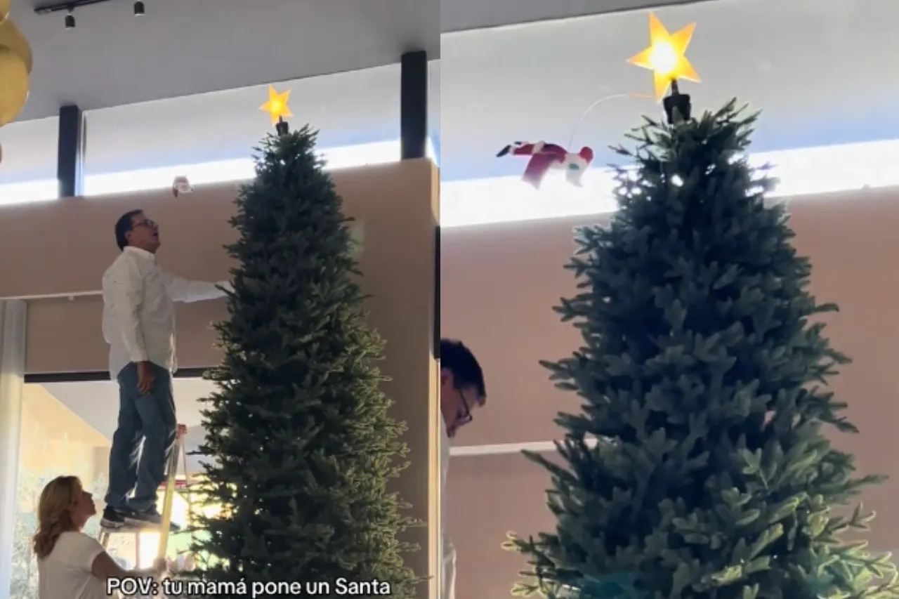 Pone Santa girando en árbol de Navidad y lo comparan con volador de Papantla