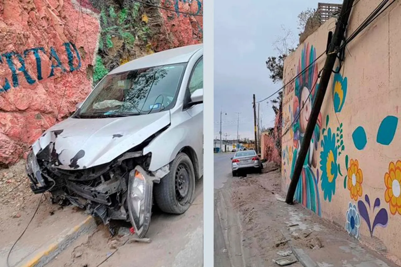 Derriba poste y abandona vehículo