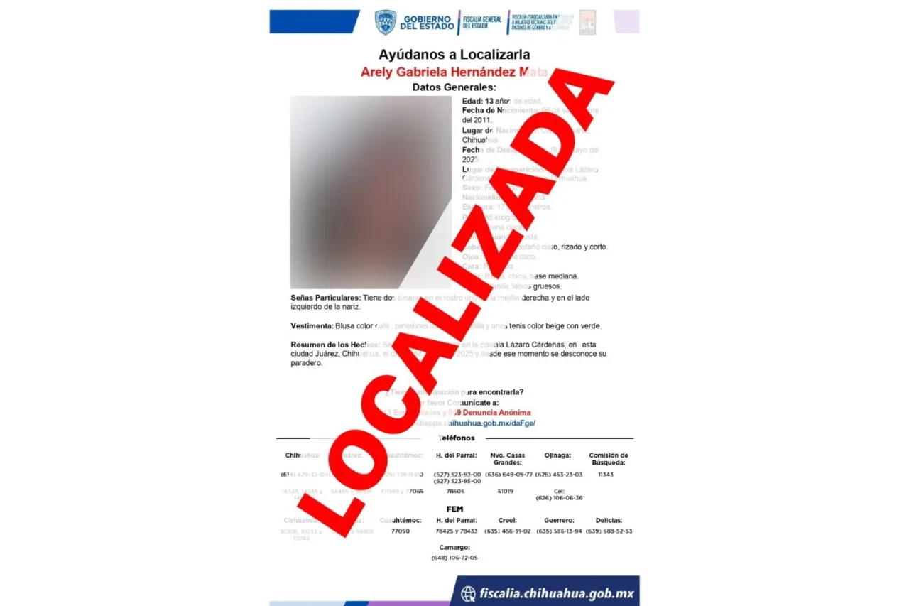 Localizan sana y salva a menor reportada ausente en Juárez