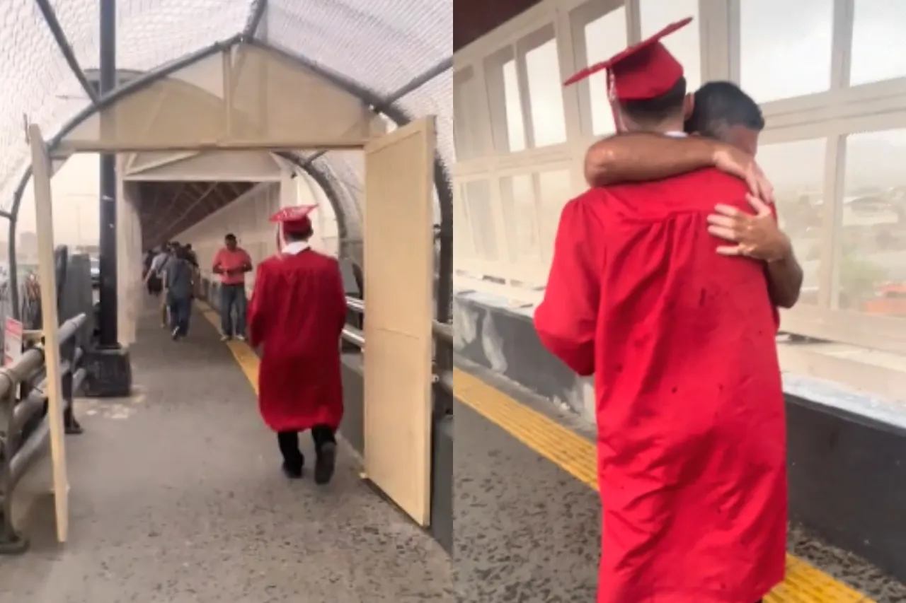 Espera en medio puente a su hijo que se graduó en El Paso para darle un abrazo