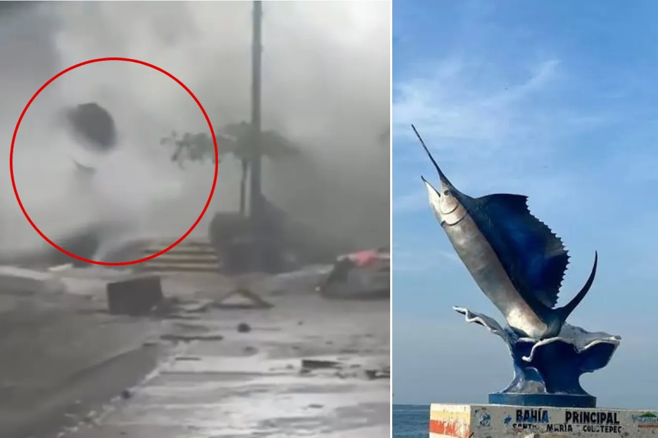 Enorme ola derriba monumento al pez vela en Puerto Escondido por huracán Erick