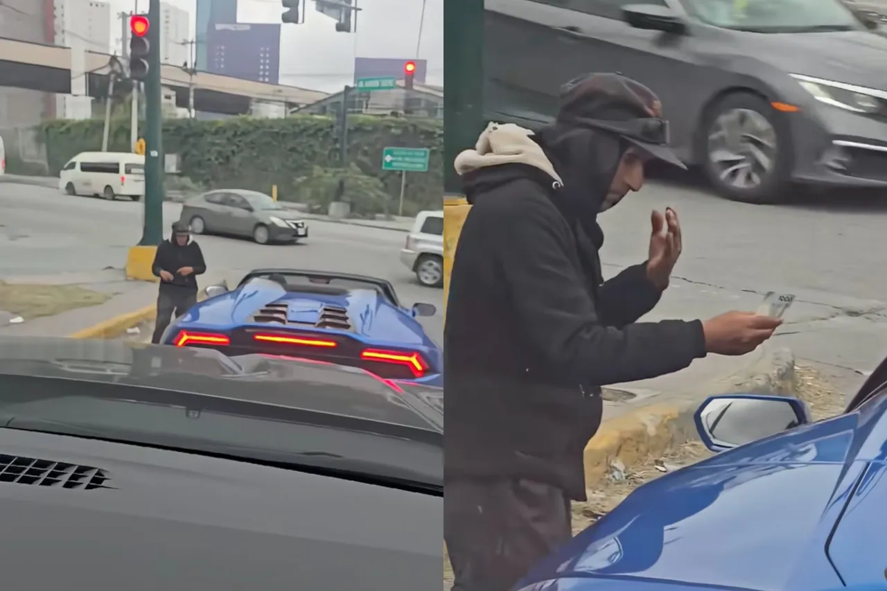 'Lo jubiló'; pide limosna a chofer de Lamborghini y le da billete de mil pesos