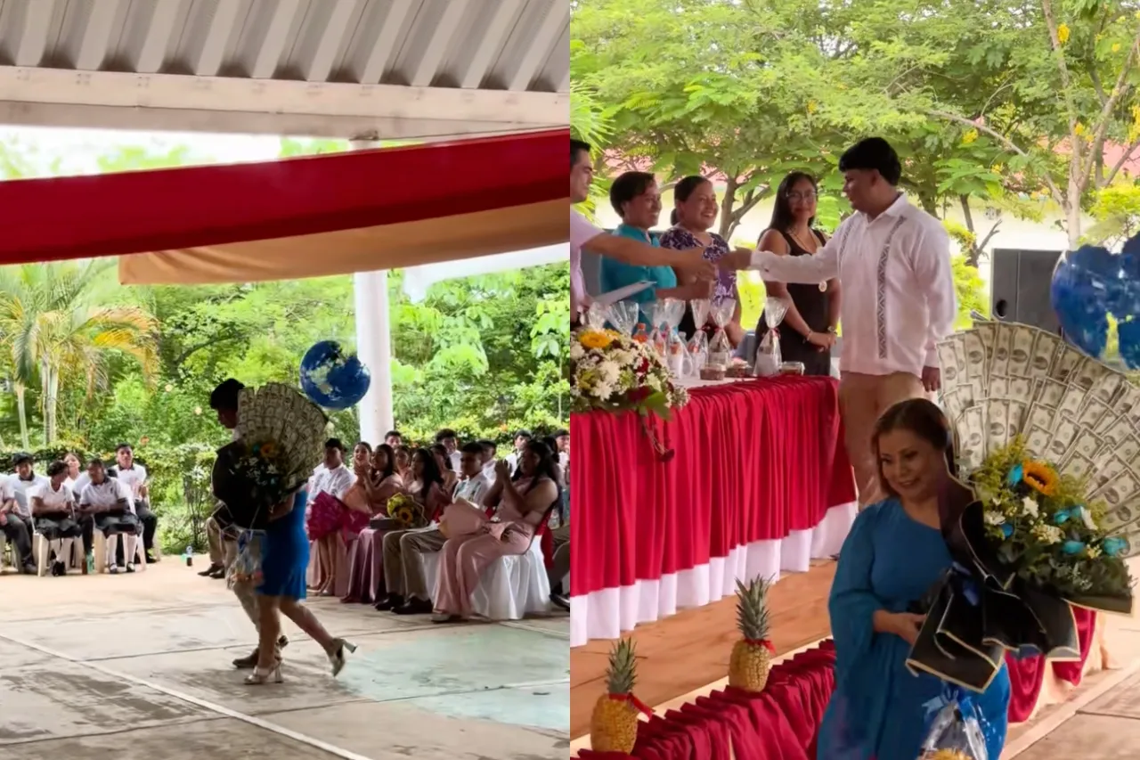 'Gatísimo'; critican a madrina de graduación por llegar con arreglo de dólares