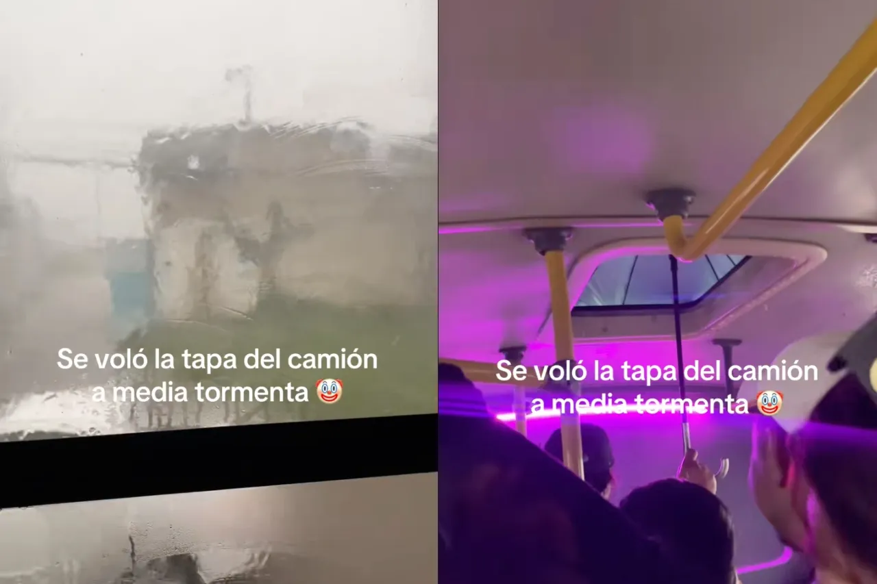 Tormenta vuela tapa del quemacocos de bus y usan paraguas para no mojarse