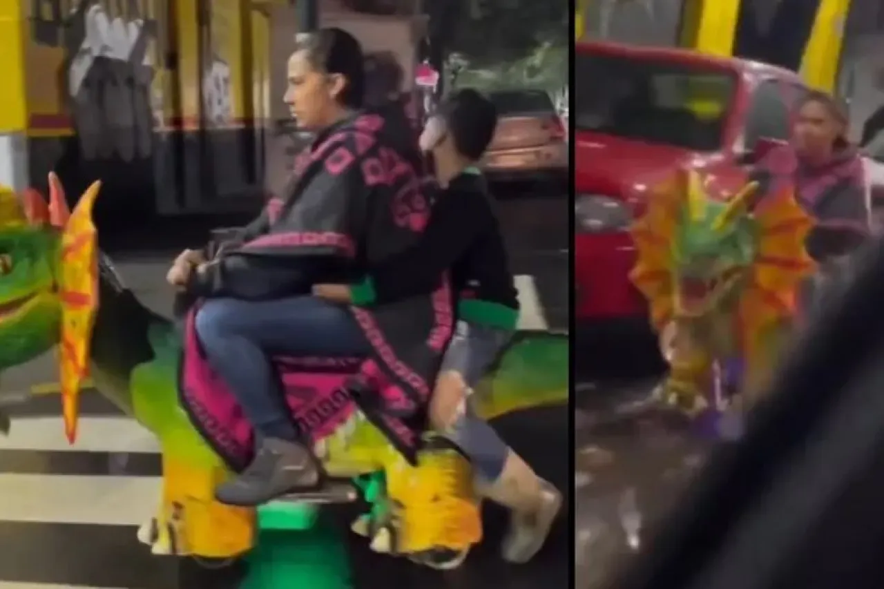 ¡México mágico! Captan a mujer manejando 'dinosaurio' por las calles