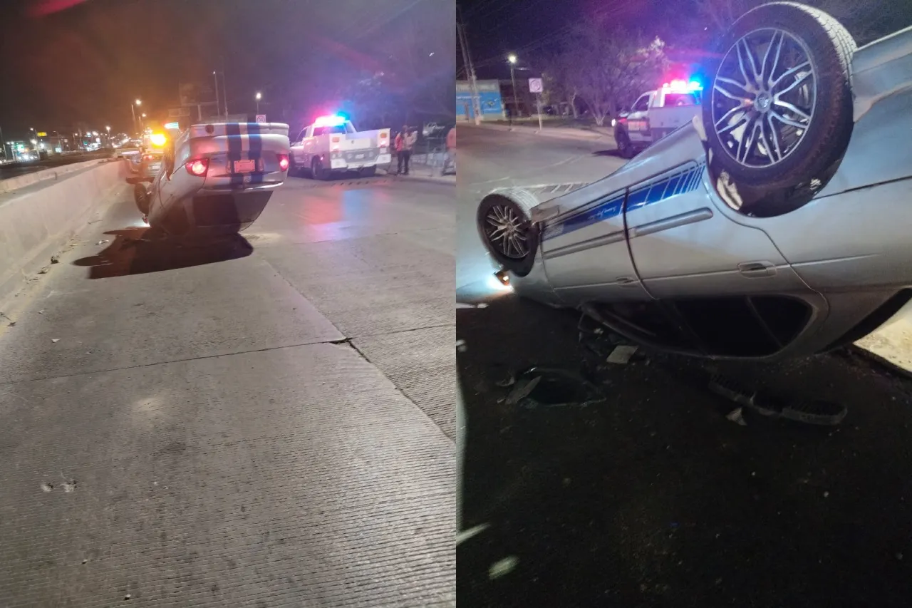 Pierde conductora el control y vuelca su auto en avenida de Las Torres