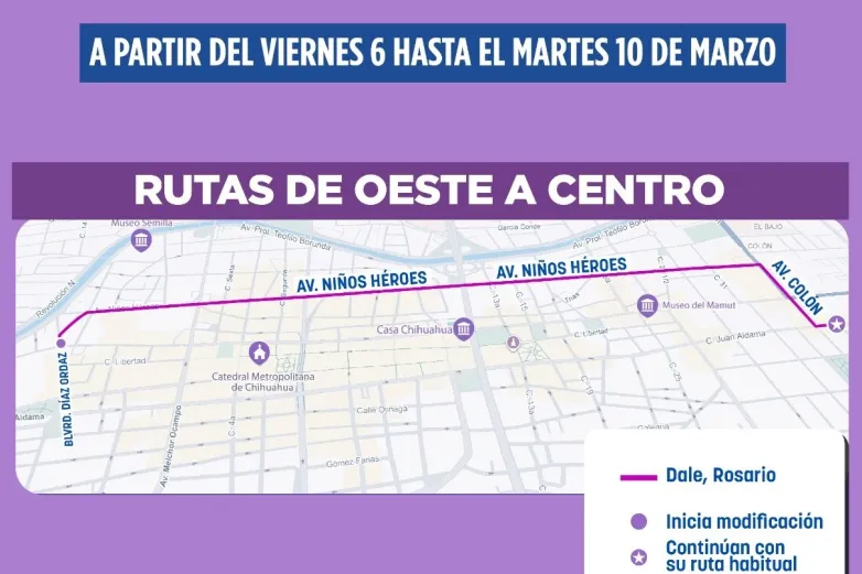 Anuncian modificaciones a rutas de Chihuahua con motivo del 8M