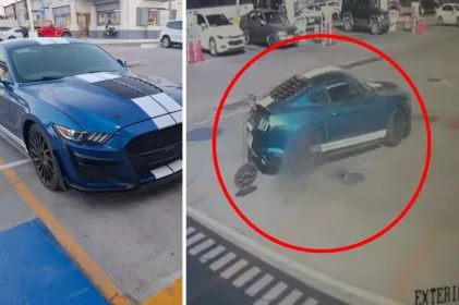 Daña gasolinera al hacer 'ceritos' en Mustang en Juárez