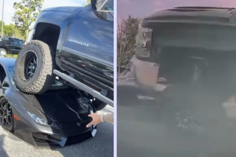 Accidente viral: camioneta se 'estaciona' encima de un Lamborghini
